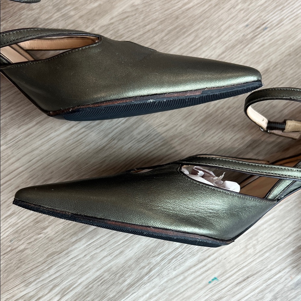Cole Haan Collection Pointed Toe Strappy Pumps in Metallic Olive Green Leather - Picture 4 of 16